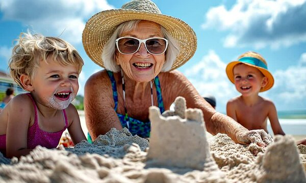 Senior caucasian woman in sunhat smiling while building sandcastle on beach with children under blue sky. Happy family vacation concept