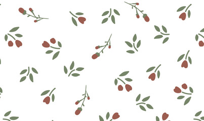 Minimal Seamless Berry and Leaf Pattern with Hand-Drawn Botanical Elements