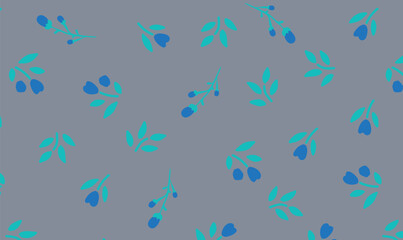 Seamless Blue Berry and Aqua Leaf Pattern on Gray Background