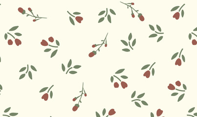 Seamless Hand-Drawn Berry and Leaf Pattern on Cream Background
