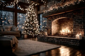 Cozy winter living room with a warm fireplace and decorated Christmas tree at night