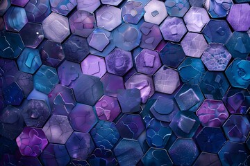 Hexagonal Abstract Art:  A mesmerizing display of vibrant purple and blue hues arranged in a geometric honeycomb pattern, creating a captivating visual experience with a textured, cracked surface effe