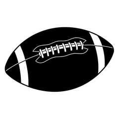A black and white graphic illustration of an american football with laces and stripes on the sides
