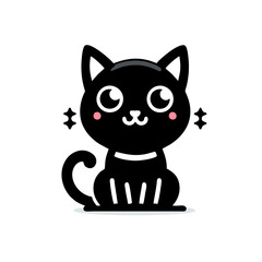 Cute Black Cat Sitting Logo, Flat Design, Cartoon Animal Vector Style