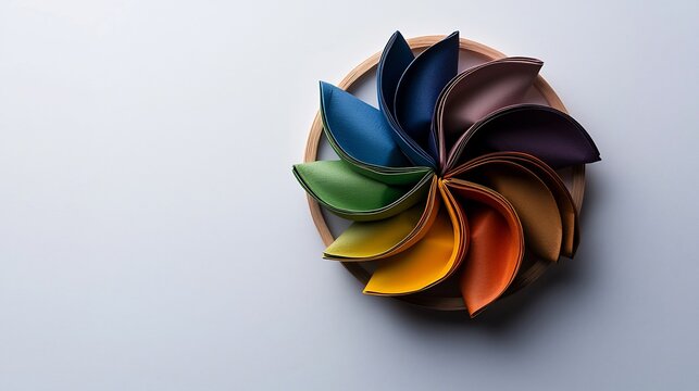 Colorful, abstract design with a circular arrangement of various colored, leaf-like shapes
