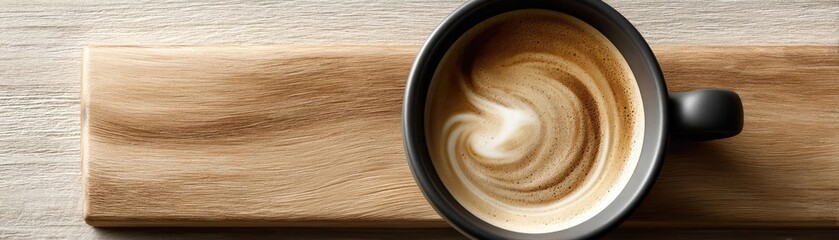 Coffee art latte with cappuccino swirl and wooden table concept. Warm cup of coffee with latte art on wooden background.