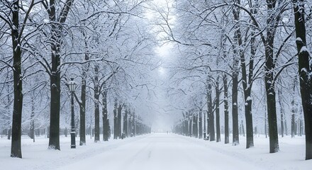 Obraz premium Snow-covered trees line a quiet pathway in a winter landscape during a foggy morning Generative AI