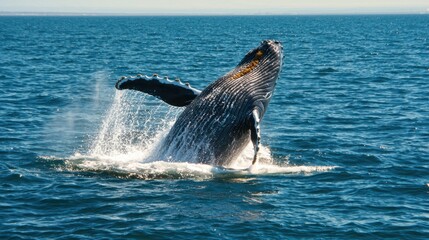 A humpback whale gracefully breaches the water, sending a spray of droplets into the air against a backdrop of a vast blue ocean and clear skies, showcasing marine life in action