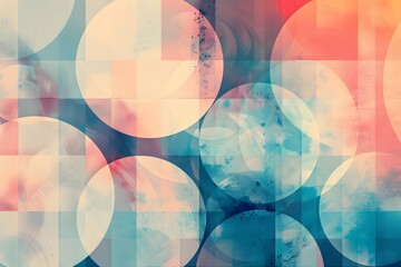 Abstract Geometric Art: Overlapping Circles and Squares in Pastel Hues Create a Dreamlike, Textured Visual Masterpiece, Evoking Feelings of Serenity and Tranquility Through Color and Shape.