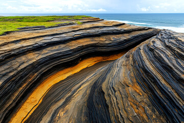 geological formation with rock layers and geological time. Aerial view of rock folds showing millions of years of tectonic movement