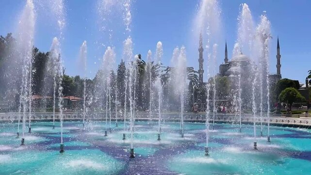 Fatih, Istanbul 15.05.2025: a magnificent video of the historical Sultanahmet Mosque and the fountain in front of it. Vertical video. Newest.