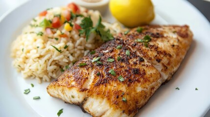 A golden fried fish fillet served with a side of rice pilaf, fresh herbs, and a tangy lemon sauce