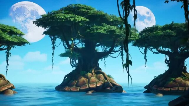 Giant turtle carrying ancient tree on back in ocean under fantasy sky, seamless looping 4k time-lapse animation video background