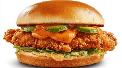 A gourmet fried chicken burger with a golden fried chicken patty, avocado slices, and spicy sriracha mayo on a soft brioche bun