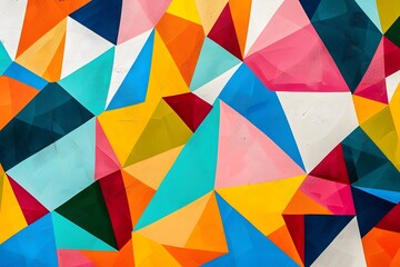 Vibrant Abstract Geometric Shapes Interlock, Creating a Dynamic and Colorful Composition with Bold Hues and Textured Triangles, Showcasing a Playful and Energetic Visual Experience for Abstract Art En