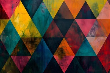 Abstract Geometric Triangles: Vibrant Hues and Textured Paint Create a Dynamic Composition of Interlocking Shapes, Displaying Bold Colors and Artistic Expression through Abstract Art.