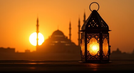 Lantern on Table with Mosque and Sunset