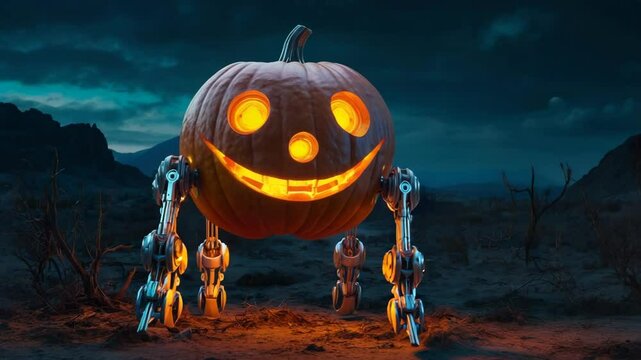 A big glowing orange jack o lantern robot walks in the dark at night.