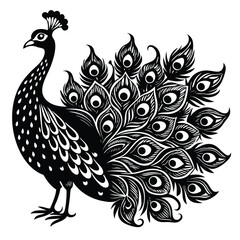 Fototapeta premium An illustration of a peacock, featuring an intricately patterned tail adorned with eye-like designs. It stands elegantly with its neck elongated and crowned, showcasing feathers on its body and tail. 