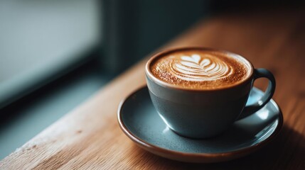 Coffee art latte with latte swirl and milk foam concept. A beautifully crafted latte served in a cozy cafe setting.