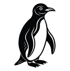 Naklejka premium An illustration of a penguin standing upright. It features a sleek black body with a prominent white belly and a simple, stylized face. It has a rounded head with a small eye and beak. 