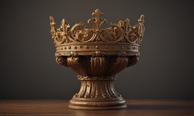Ornate golden crown atop antique pedestal  Rich wood grain visible , king, vintage, texture