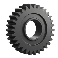 Close-up of a dark grey gear, showcasing intricate details and mechanical precision. 3D icon, plastic illustration style on transparent or white background