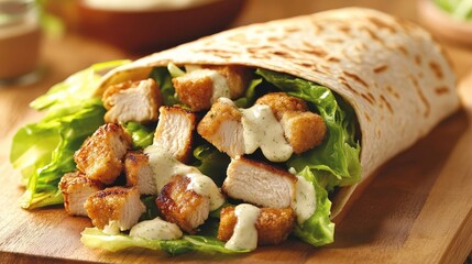 A grilled chicken Caesar wrap with fresh romaine lettuce, croutons, and creamy Caesar dressing wrapped in a whole wheat tortilla