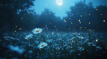 Depict a magical fairyland scene where a flower field glows under the soft moonlight, twinkling with fireflies.