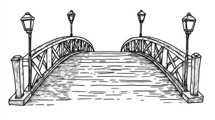 Arch bridge, lamps, park pathway, illustration