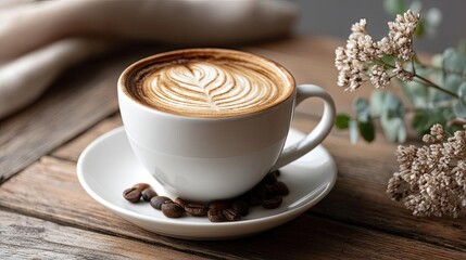 Fototapeta premium Coffee art latte with cappuccino swirl and wooden table concept. A beautifully crafted cup of coffee with latte art and beans.