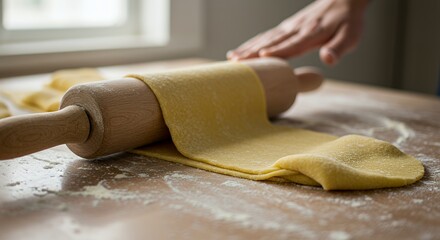 Homemade Pasta Making: Rolling Dough with Wooden Rolling Pin