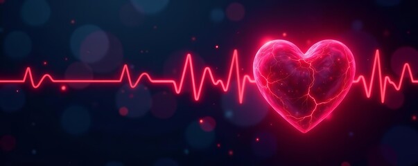 Abstract dark background with glowing heart and pulsating cardio waves, heart, background, waves