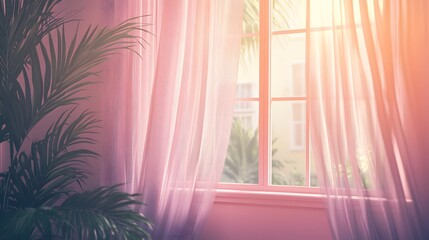 Gentle sunlight streams through pastel pink curtains.