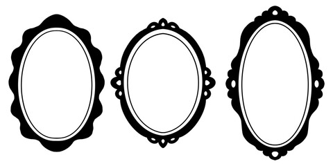 Monochrome frame set border vector designed in doodle style on transparent background for digital printing, wedding card, scrapbook, cover design, label printing. Hand drawn oval illustration.