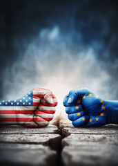 Fototapeta premium Usa and eu boxing gloves colliding, symbolizing international conflict. Poster with copy space.
