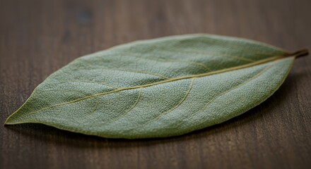 A Single Bay Leaf on Wooden Surface: Close-up Photography