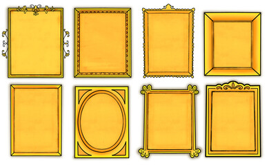 Golden frame set border designed in doodle style on transparent background for digital printing, wedding card, scrapbook, cover design, label printing and more. Hand drawn illustration.