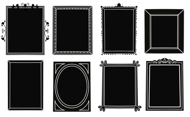 Monochrome picture frames set. Backdrop crayon doodle hand drawn frame illustration. Luxury rectangle, square element. Frames isolated on transparent background for digital printing, wedding card,