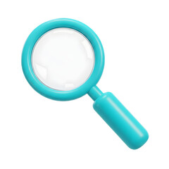 Teal magnifying glass, a simple search tool. 3D icon, plastic illustration style on transparent or white background
