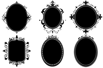 Monochrome picture frames set. Backdrop crayon doodle hand drawn frame illustration. Luxury oval element. Vintage golden baroque wooden frames isolated on transparent background