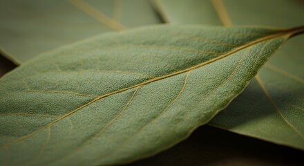 Close-up Photography of Bay Leaves, Detailed Texture and Veins, Green Hues, Aromatic Herb