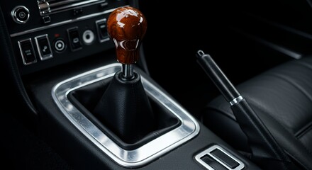 Classic Car Interior Gear Shift: Luxury, Wooden Knob,  Precise Engineering,  Vintage Automotive Design,  Smooth Leather,  Aluminum Accents,  Manual Transmission,  Elegant Details