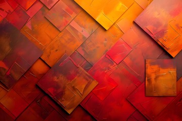 Abstract Red and Orange Hues: A Dynamic Composition of Layered Squares, Showing Textured Brushstrokes and Vivid Color Transitions, Creating a Bold and Energetic Visual Experience, Evoking Feelings of 
