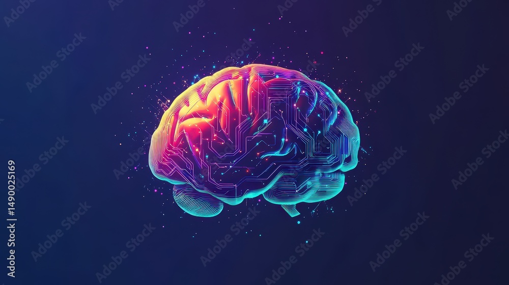 Poster design a brain icon with colorful circuits, signifying the connection between thought processes and 