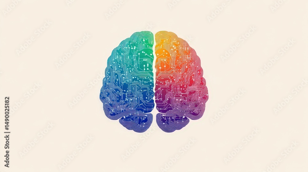 Poster design a brain icon with colorful circuits, signifying the connection between thought processes and 