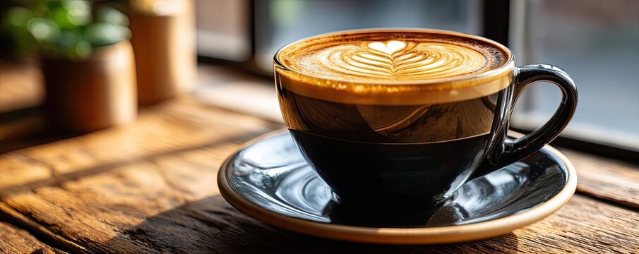 Coffee art latte under morning light on wooden cafe table concept. A beautifully crafted coffee cup with artistic latte art design.