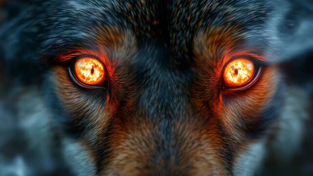 Close-up of wolf with fiery eyes in dark, mystical atmosphere  