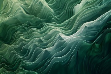 Obraz premium Abstract Green Waves: Fluid, Organic 3D Render of Seamless Curving Lines and Shapes, Evoking Natural Landscapes and Dynamic Flow, Ideal for Backgrounds and Designs.