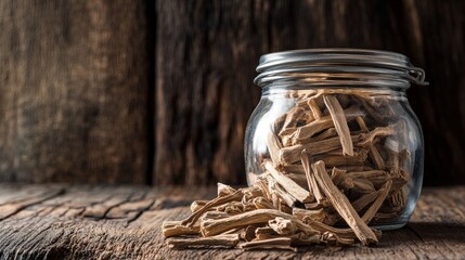 A jar of dried licorice root, known for its soothing effect on the digestive system and ability to support adrenal health